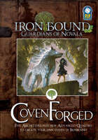 Cover for CovenForged, featuring a witch wearing a war mask standing next to her enlarged wolf companion.