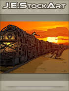 JEStockArt - Western - Locomotive Train And Cowboy On Horse Showdown At Sunset - CWB