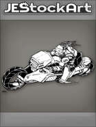 JEStockArt - SciFi - Cyberpunk Racer Creates Sparks With Motorcycle - INB