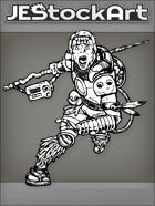 JEStockArt - SciFi - Frantic Cybernetic Adventurer Fleeing With Staff Machine - INB