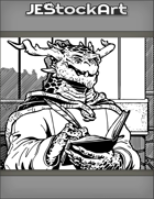 JEStockArt - Fantasy - Dark Scaled Dragon Scribe With Writing Utensil Near Wall - IWB